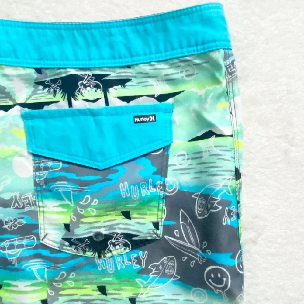 Hurley Tropical Palm Shark Print Board Shorts‎ Boys 20/30 Blue Green
